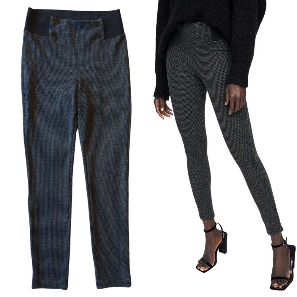Zara Grey Houndstooth High Rise Skinny Leggings Black Waistband Preppy Plazacore